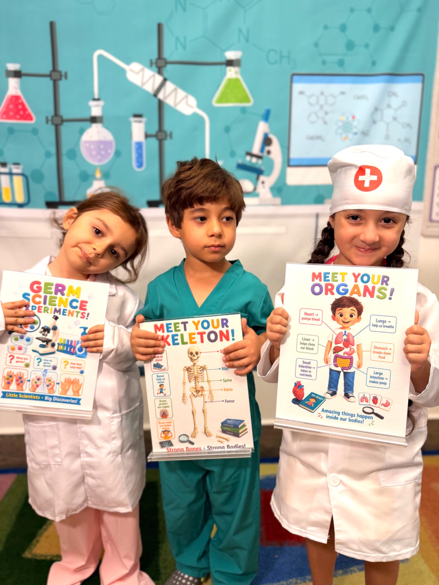 Kindergarten students presenting their work during a classroom science and anatomy lesson