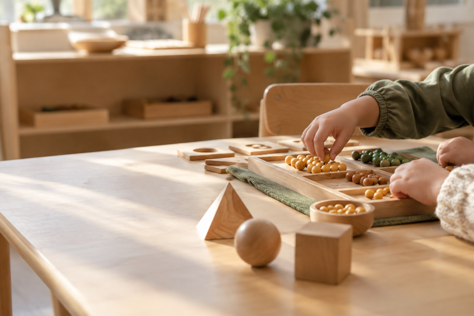 Children’s hands working with natural wooden Montessori materials